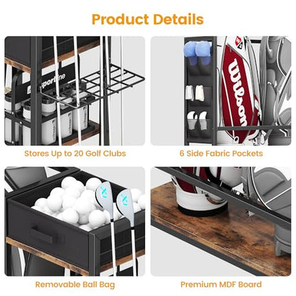 Golf Bag Storage Organizer for Garage, Golf Organizer with Extra Golf Rack and Side Fabric Bag for 20 Golf Clubs & Golf Essentials, Golf Bag Stand for Golf Bag Accessories, Ideal Golf Gifts for Men