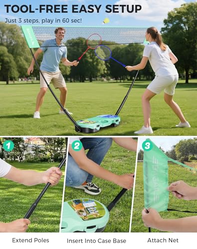 BAGAIL Portable Badminton Net Set, Pop-Up Net with Carry Case, Complete 4 Racket Set for Backyard, Park & Beach Games, Quick Setup Indoor Outdoor Sports Equipment for Backyard Fun