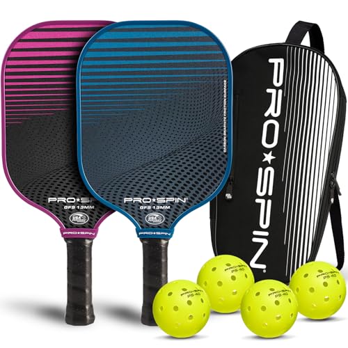 PRO-SPIN Carbon Fiber Pickleball Paddles Set of 2 | Lightweight Pickleball Set with Indoor/Outdoor Balls and Bag – Durable Pickle Ball Paddle Gift for Men, Women & Families - color: 2-Player Set | Blue/Pink