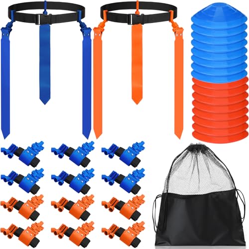 Wettarn 10/16 Player Flag Football Belts Adjustable Flag Football Set with Cones Bag for Youth Adults Kids Training Sport - color: Blue, Orange