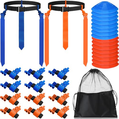 Wettarn 10/16 Player Flag Football Belts Adjustable Flag Football Set with Cones Bag for Youth Adults Kids Training Sport - color: Blue, Orange