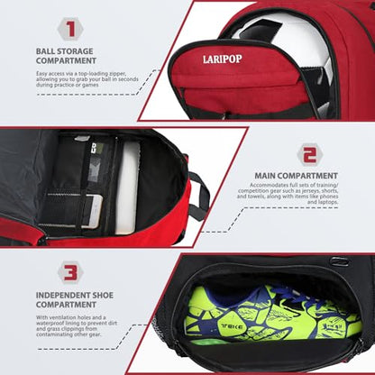LARIPOP Soccer Backpack with Ball Holder & Shoe Compartment Large Capacity Youth Sports Bag for Training - color: Dark red