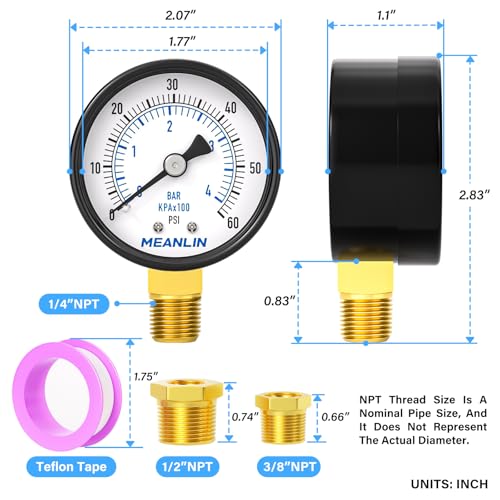 0-60Psi 2" DIAL FACE 1/4" NPT Well Pump Pressure Gauge, with 1/2" NPT and 3/8" NPT Hex Bushing, Pool Sand Filter WOG Water Oil Air Pressure Test, Lower Mount (Pack of 2) - size: 0-60Psi/2PCS, style: 1/4"NPT Lower Mount