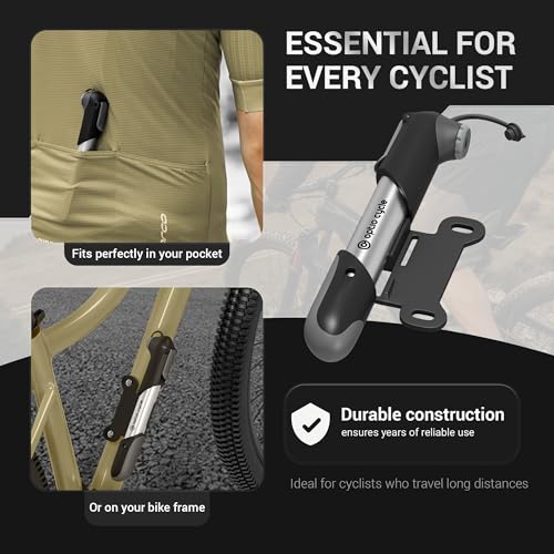 Mini Bike Pump 120 PSI / 8.3 Bar – Compact Portable Frame-Mounted Bicycle Hand Air Pump for Presta and Schrader Valve | Small Manual Tire Tool for Road, Track, Mountain Bike, BMX, Ebike - color: Silver
