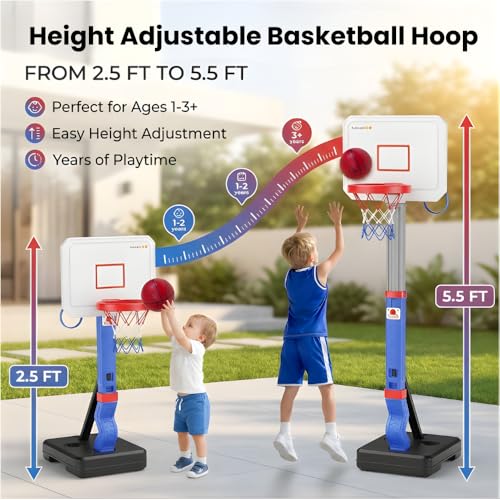 Toddler Basketball Hoop with Ring Toss, Height Adjustable Indoor & Poolside Outdoor Kids Basketball Hoop Set with Mini Balls, Rings, Pump, & Stable Base Game Sport Toys for Boys & Girls Age 1-5