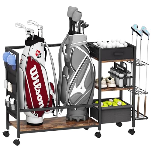Golf Bag Storage Organizer for Garage, Golf Organizer with Extra Golf Rack and Side Fabric Bag for 20 Golf Clubs & Golf Essentials, Golf Bag Stand for Golf Bag Accessories, Ideal Golf Gifts for Men