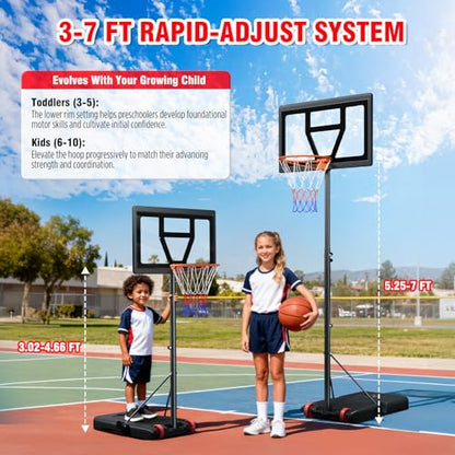 Yohood Kids Basketball Hoop Outdoor Height Adjustable 3-7 FT, Portable Basketball Goal System for Kids Youth Teens in Backyard/Driveway/Indoor, Shatterproof Backboard and Stable Base