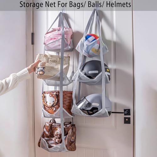 4-Tier Mesh Ball Storage Net Rack Organizer, Door or Wall-Mounted Vertical Ball Holder for Basketball, Soccer, Volleyball, Football, Space-Saving Sports Organizer for Garage, Home, Basement (Grey)