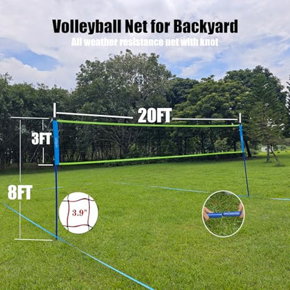 Outdoor Portable Volleyball Net System - Adjustable Height Poles with Soft Volleyball Ball, Pump, Hammer, Boundary Line, and Carry Bag for Backyard, Beach, Lawn - color: 20FT Blue Green