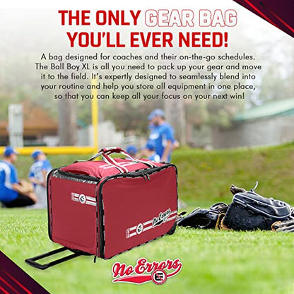 No Errors Ball Boy XL Wheeled Baseball Coaches Bag - Heavy Duty Baseball and Softball Bag for Coaches - Holds Two 6 Gallon Ball Buckets and Coaching Equipment - color: Red