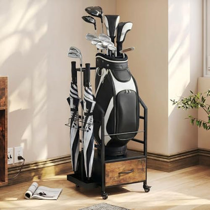 Golf Bag Organizer Rack with Wheels, Golf Storage Organizer for Garage,Golf Stand & Accessories,Brown Garage Organizer Fit Single Golf Bags