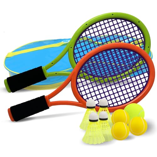 Tennis Racket Set for Children,17 Inch Racquet with 1 Tennis Balls,4 Badminton Shuttlecocks and 3 Soft Balls for Toddler Indoor/Outdoor Sports - color: Grey Green&Orange