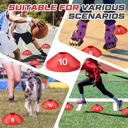 10 Pcs Numbered Sports Disc Cones 1-10 Soccer Cones with Mesh Carry Bag Flexible Agility Cones Soft Field Cones for Gym PE Classes School Activities Games, Sports Training Equipment - color: Red