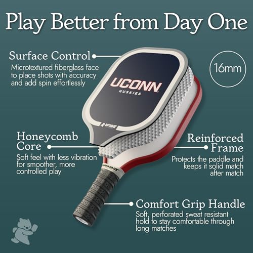 Officially Licensed College Pickleball Racquet - Front & Back Graphics, Micro-Textured Fiberglass Face, 16mm Honeycomb Core, Cold-Press, 8.8 oz, Reinforced Edge Guard