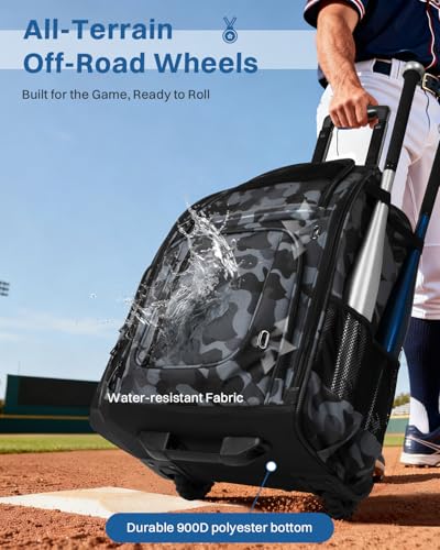AUROTIER Rolling Baseball Bag with Wheels, Large All-Terrain Wheeled Softball Bag Holds 4 Bats, Water-Resistant Baseball Roller Backpack with Shoe Compartment and Fence Hooks for Players and Coaches - color: Black Camo