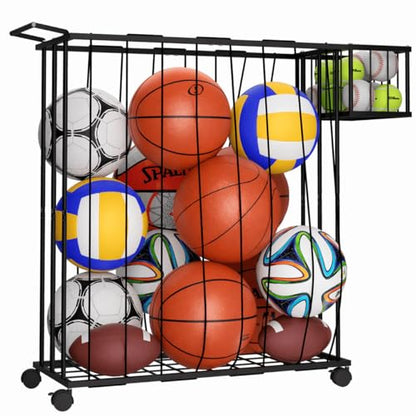 Multi-Sport Ball Storage Cart with Side Basket for Gloves & Tennis; Gravity-Access Elastic Straps for Kids; Rolling Garage Organizer Rack for Basketballs, Soccer & Yoga Mats - Multi-Athlete Families