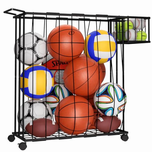Multi-Sport Ball Storage Cart with Side Basket for Gloves & Tennis; Gravity-Access Elastic Straps for Kids; Rolling Garage Organizer Rack for Basketballs, Soccer & Yoga Mats - Multi-Athlete Families