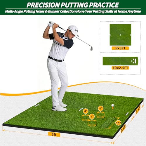 5x5ft Golf Hitting Mat for Indoor and Outdoor Practice, High-Elasticity Golf Practice Driving Range Turf Mat, Convertible 2-in-1 Golf Hitting & Putting Mat for Garage Simulator Training