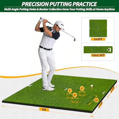 5x5ft Golf Hitting Mat for Indoor and Outdoor Practice, High-Elasticity Golf Practice Driving Range Turf Mat, Convertible 2-in-1 Golf Hitting & Putting Mat for Garage Simulator Training