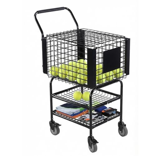 Tennis Ball Basket Pickup Hopper with Wheel Holds 350 Balls 2 Layers Tennis Ball Hopper Basket Cart for Teaching & Court Use