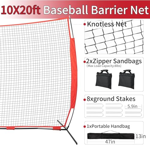 7x7/16x10/20x10ft Baseball Net Backstop Net,Fix Ball Stop Net by 4 Spike&2 Sandbag,Sports Net Barrier with Handbag,Lacrosse Net Backstop for Basketball,Hockey Train,Baseball Net Barrier for Playground - size: 20x10ft baseball backstop net