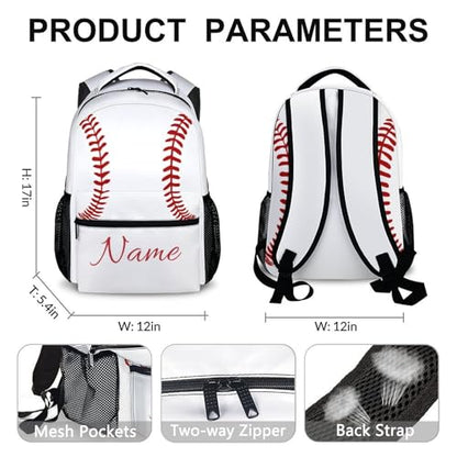 Custom Baseball Sport Kid's Backpack with Name/Text Preschool Backpack for Boys Girls, 17 Inch Ball Bookbag for Preschool Elementary Kindergarten Vacation Travel Picnic - color: White