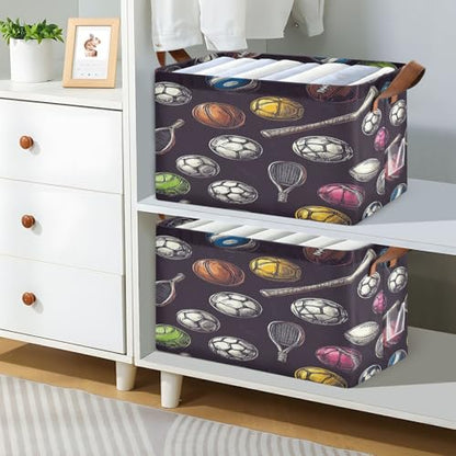 Ollabaky Collapsible Rectangular Closet Storage Bin Sports Rugby Football Soccer Baseball Basketball Tennis Hockey Puck Bowling Volleyball Shelf Basket Box with Leather Handles - Storage Cube, Nursery