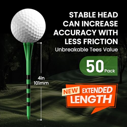 FINGER TEN Extra Long Golf Tees Plastic 4 Inch or 5 Inch Value 50 Pack, Unbreakable & Consistent Height Tees with Reduce Friction, Driving Range Tee Easy to Find in White Pink Green - color: Green, size: 4 Inch