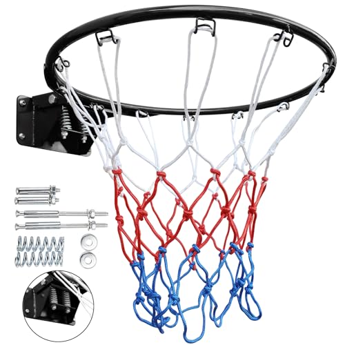 Solid Basketball Rim, Athfiner 18" Basketball Hoop Replacement Wall Mounted Outdoor Indoor Hanging Double Spring with All Weather Net
