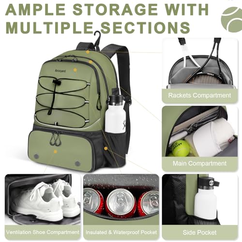 Arcoyard Tennis Bag Holds 2 Rackets, Professional Tennis Bags for Women, Tennis Backpack with Ventilated Shoe Compartment - color: Green