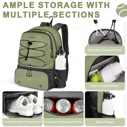 Arcoyard Tennis Bag Holds 2 Rackets, Professional Tennis Bags for Women, Tennis Backpack with Ventilated Shoe Compartment - color: Green