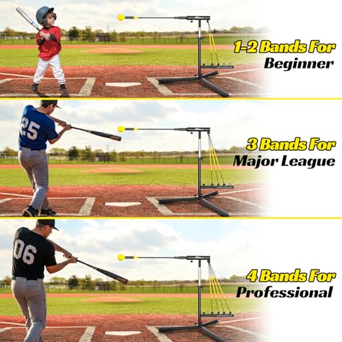 Baseball Hitting Trainer with 4 Power Bands,Auto Reset Softball Swing Trainer For Batting,Hitting Practice,Height Adjustable 31-47 inch Baseball Training Equipment With Metal Stakes & Carry Bag