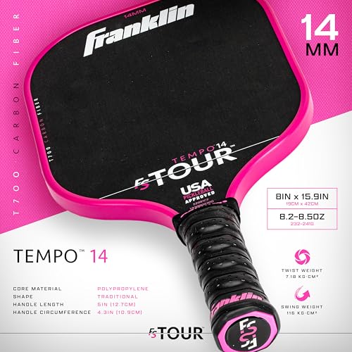 Franklin Sports Pro Pickleball Paddle Set - FS Tour Series Carbon Fiber Paddle, Cover + Eraser - 14mm + 16mm - color: Pink, size: Tempo - 14mm