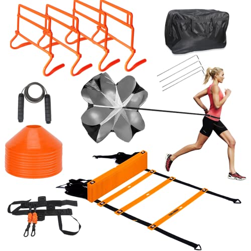 TOCO FREIDO Speed&Agility Training Set – 20ft Agility Ladder Set with 12 Rungs, 4 Adjustable Training Hurdle, 12 Disc Cones, 2 Resistance Bands, 1 Running Parachute and Footwork Drills Equipment - color: Upgraded Version - Orange