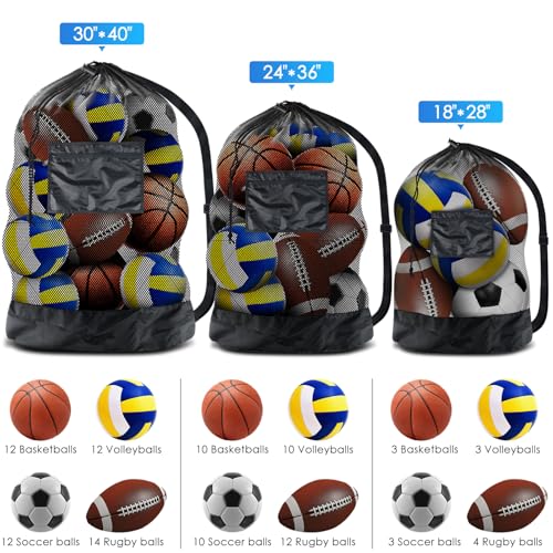 BROTOU Thickened Extra Large Sports Ball Bag Mesh Socce Ball Bag Heavy Duty Drawstring Bags Team Work for Holding Basketball, Volleyball, Baseball, Swimming Gear with Shoulder Strap - size: 24" x 36"