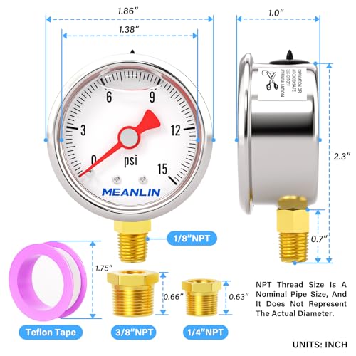 0~15Psi Stainless Steel 1/8" NPT 1.5" FACE DIAL, Glycerin Filled Pressure Gauge, Liquid Filled, Water Oil Air, Lower Mount, with 1/4" NPT and 3/8" NPT Hex Bushing - size: 0-15Psi