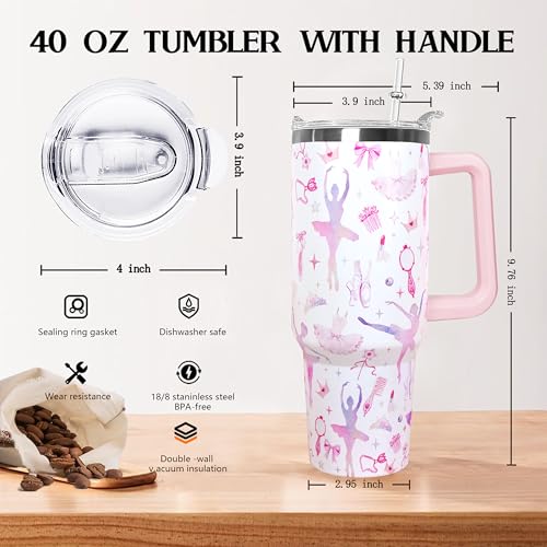 Ceovfoi 40oz Tumbler with Handle，Lid & Straw Vacuum Insulated Travel Coffee Mug, Ballet Gifts for Girls Women, Ballerina Dance Lover Appreciation Gift - color: Ballet