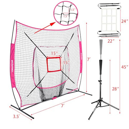 BaseGoal 7'×7' Baseball Softball Practice Net,Baseball Backstop,for Hitting Pitching Batting Catching with Bow Frame,Bonus Strike Zone - style: Purple