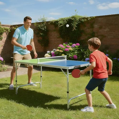 Goplus Foldable Ping Pong Table, 100% Preassembled, Table Tennis Table with Net, 2 Paddles, Ping Pong Balls, Portable Table Tennis Game Set for Indoor Outdoor - style: Blue&Green-48''