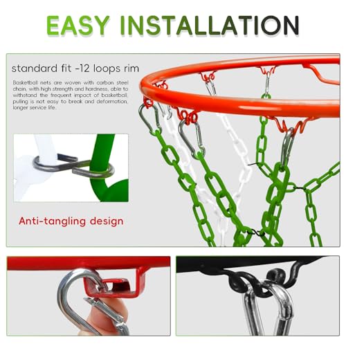 Basketball Net Replacement Heavy Duty,Resin Material, Anti-Rust Use Indoor Outdoor Standard 12-Ring Basketball Hoop - style: Green/White