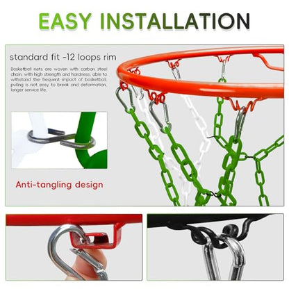 Basketball Net Replacement Heavy Duty,Resin Material, Anti-Rust Use Indoor Outdoor Standard 12-Ring Basketball Hoop - style: Green/White