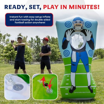 Preferred Toys 65” Inflatable Football Target Net Toss Game - Double-Sided Throwing Practice Football Stuff with Mini Balls - Backyard Tailgate Party Sports Toy for Kids & Adults - color: Red/Blue