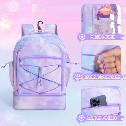 Smasrob Soccer Bags for Girls with Separate Ball Pocket and Shoe Compartment, Sports Backpack for Soccer, Basketball, Volleyball - color: Purple