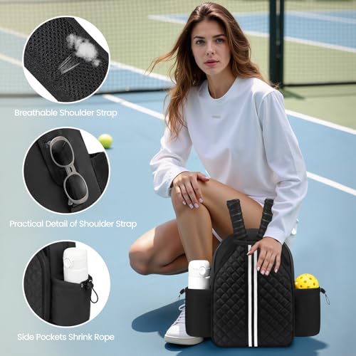 Pickleball Bags for Women Lightweight Crossbody and Stylish Quilted Pickleball Paddle Sling Bag Backpack - color: Black, size: Large