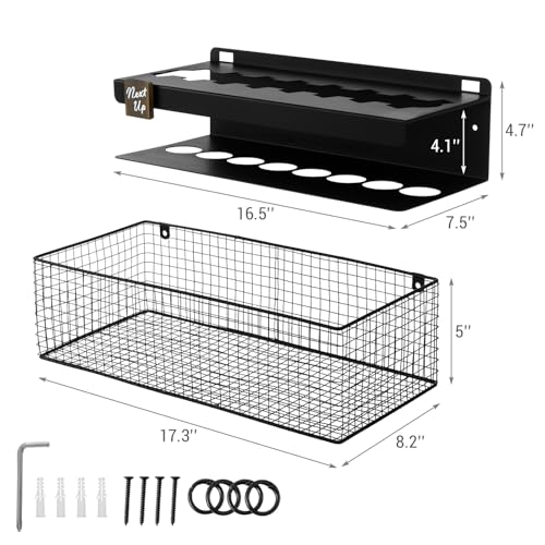 MyGift Premium Metal Pickleball Paddle Rack with Ball Basket & Magnetic Next Up Marker – Wall Mounted or Fence Hanging Pickleball Organizer, Holds up to 8 Paddles – Indoor & Outdoor Court Storage