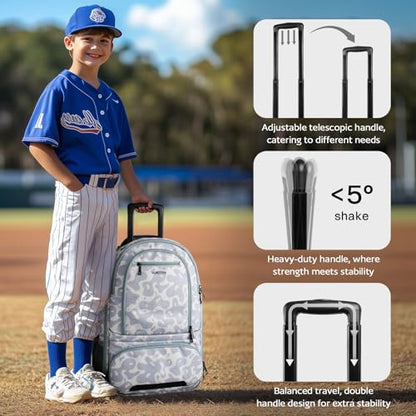 AUROTIER Rolling Baseball Backpack with Off-road Wheels, Wheeled Catchers Gear Bag for Baseball Equipment, 4 Bats, Large Softball Bag for TBall, Helmet & Accessories with Fence Hook - color: Grey-blue