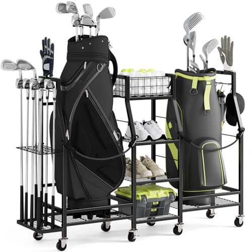 Golf Bag Storage Rack for Garage with Wheels, Holds 2 Golf Bags, Golf Club & Golf Accessories Organizer with Shelves, Accessory Baskets & Glove Holders