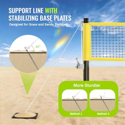 Professional Outdoor Volleyball Net Set with Arm Sleeves & Beach Fixed Plate, Heavy Duty 32ft Ply Reinforced Net with Steel Anti-Sag Winch, Height-Adjustable Poles, Carry Bag for Backyard Beach Lawn