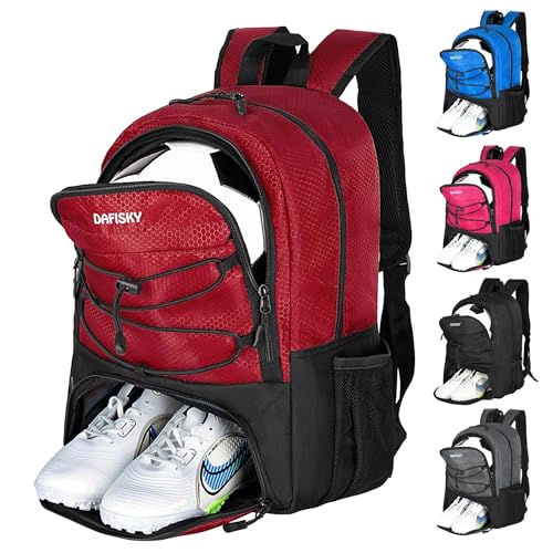 DAFISKY Soccer Backpack, Soccer Bags with Ball Holder & Shoes Compartment, Water Resistant Backpack for Basketball Volleyball Football - color: Red