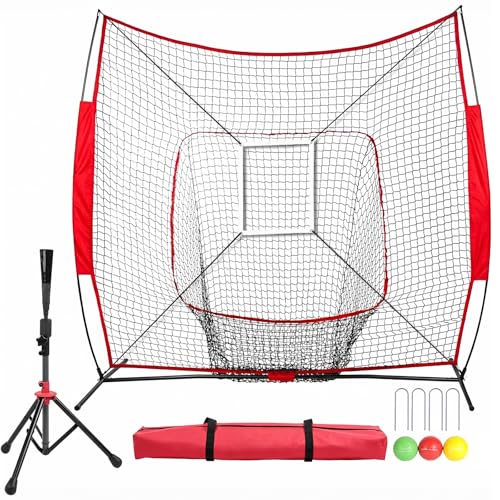 7' x 7' Baseball Net Set with Travel Tee, 3 Weighted Balls & Strike Zone for Hitting, Pitching, Batting & Fielding Training | Collapsible Portable Training Net for Indoor & Outdoor